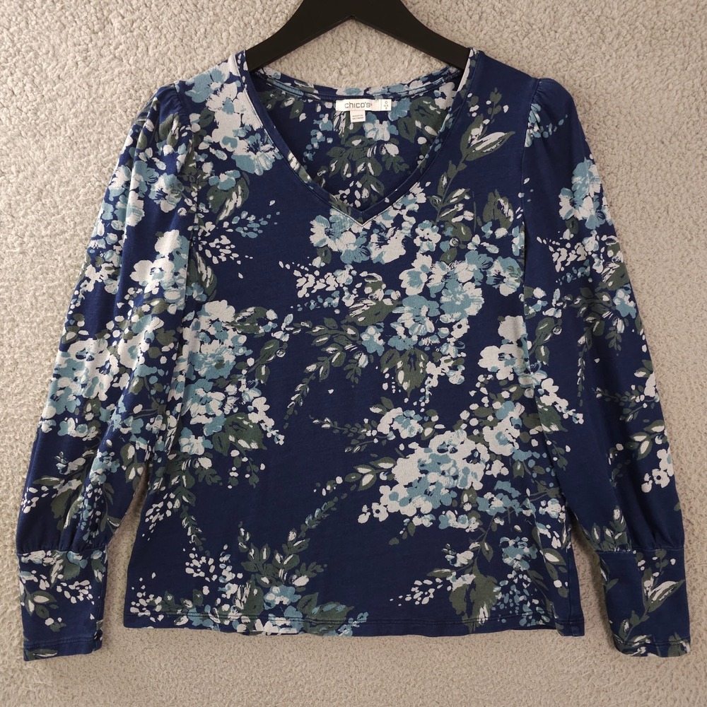 Chicos Shirt Womens 0 US Small Blue Floral‎ Puff Long Sleeve V Neck Top Casual